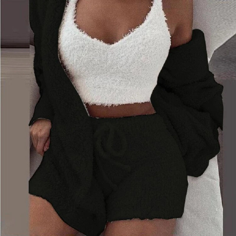 Fluffy Pajamas Set for Women – 3-Piece Winter Lounge Set with Tank Top, Shorts, and Hoodie