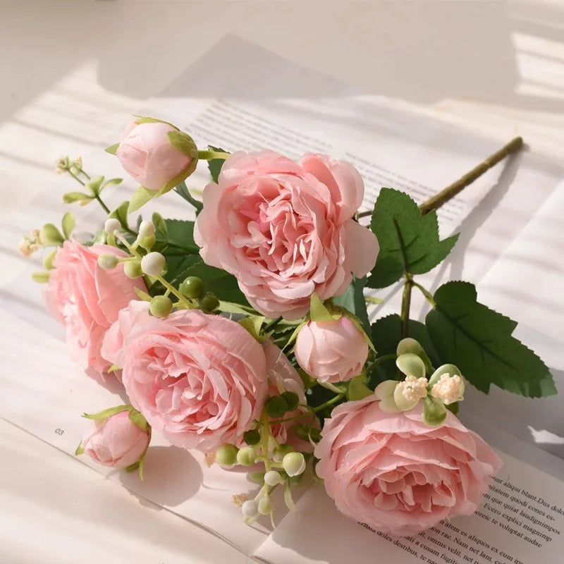 30cm Rose Pink Peony Silk Bouquet – Artificial Flower with 5 Big Heads & 4 Small Buds for Weddings and Home Decor