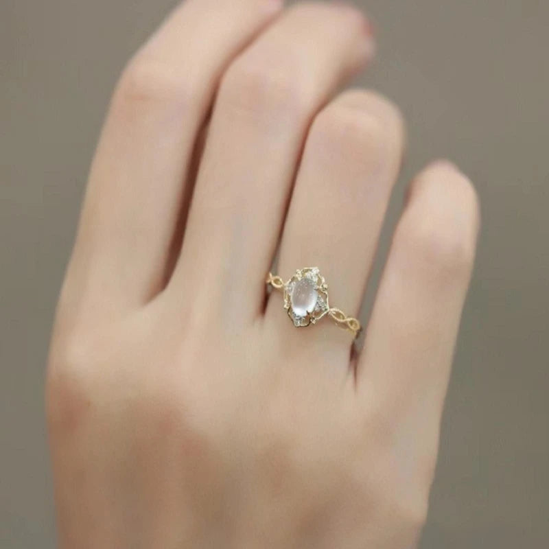 Gold Plated Natural Moonstone Cat’s Eye Ring – Luxury Geometric Design for Women