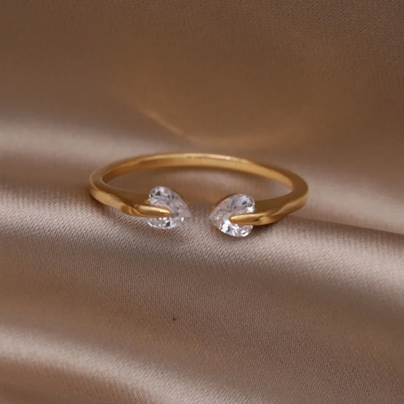 Gold plated simple double love crystal ring elegant women's daily opening ring accessories