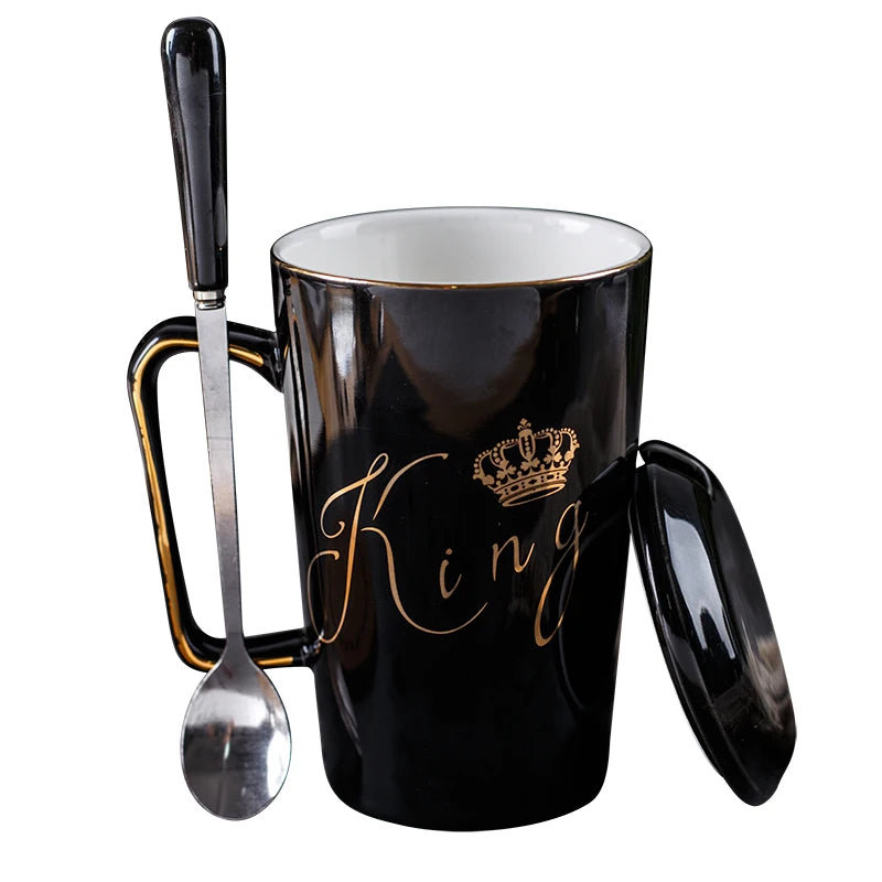 2-Piece Ceramic Couple Mug Set with Lids & Spoons – King & Queen Design for Valentine's Day, Wedding, or Birthday Gifts – 400ml