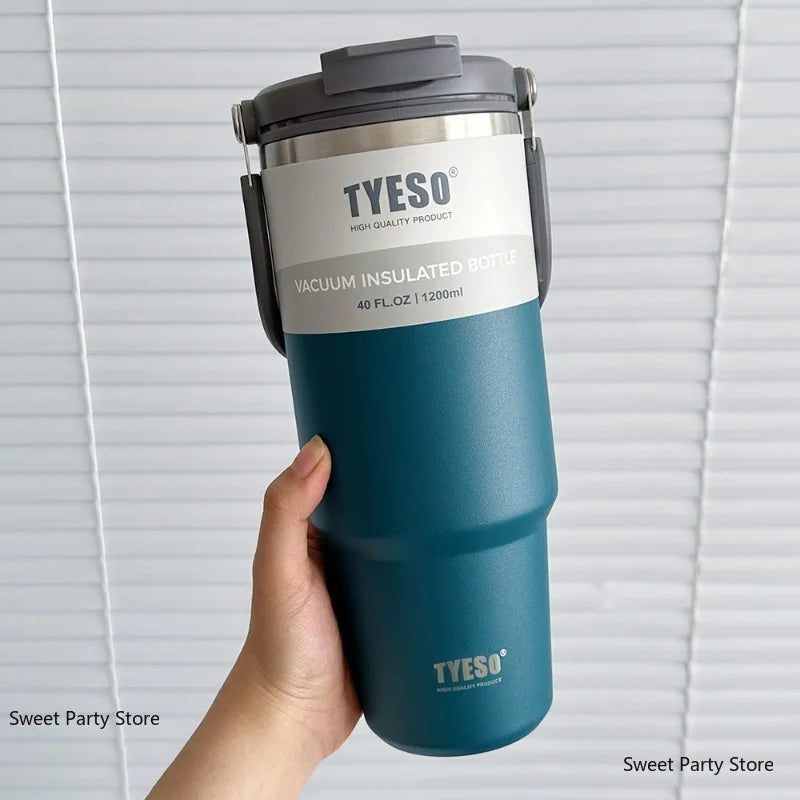 600ml–1200ml Stainless Steel Insulated Thermos Bottle – Leak-Proof Travel Mug with Handle and Straw for Hot and Cold Beverages