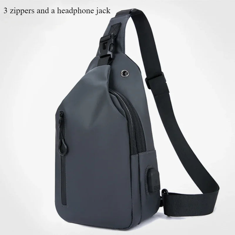 UrbanEdge Nylon Crossbody Bag – Stylish Men's Chest Bag with USB Charging, Solid Color, Versatile for Outdoor and Casual Us