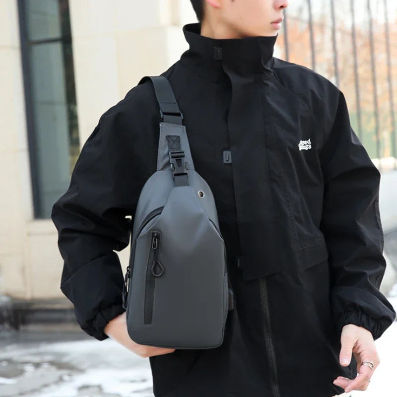 UrbanEdge Nylon Crossbody Bag – Stylish Men's Chest Bag with USB Charging, Solid Color, Versatile for Outdoor and Casual Us