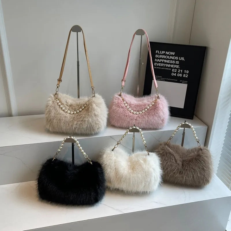 Winter Plush Pearl Chain Handbag – Western-Style Soft Shoulder & Crossbody Bag
