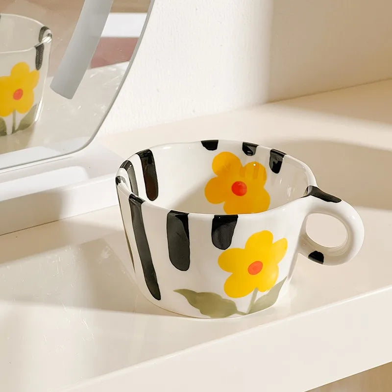 Cute Hand-Painted Ceramic Mugs – Strawberry, Flower, and Fruit Designs – 300ml Espresso & Coffee Cups for Kids and Girls