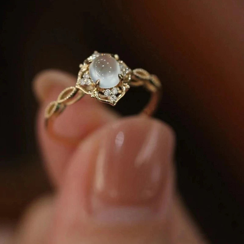 Gold Plated Natural Moonstone Cat’s Eye Ring – Luxury Geometric Design for Women