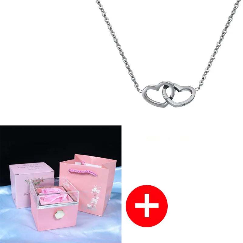 Valentine's Day Double Heart Eternal Rose Custom Name Necklace – Personalized Jewelry with Rotating Rose Gift Box