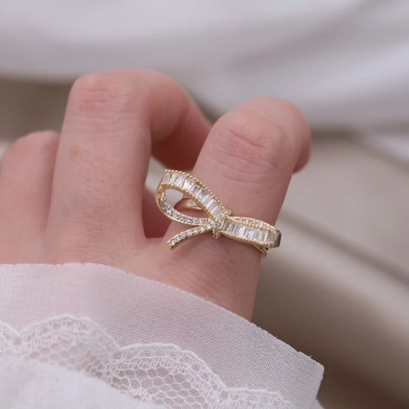 Gold plated simple double love crystal ring elegant women's daily opening ring accessories