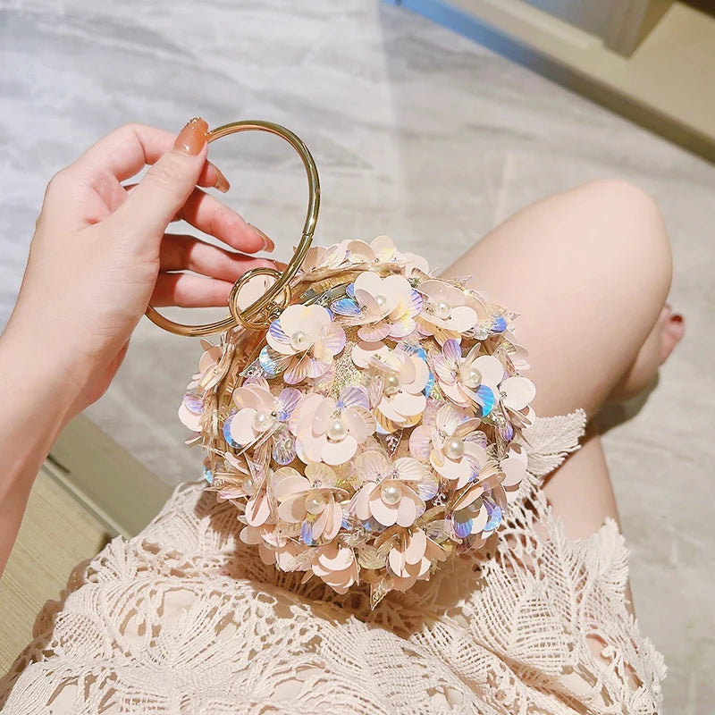 Mini Sequin Flower Evening Bag – Elegant Round Clutch Purse for Weddings, Parties, and Proms