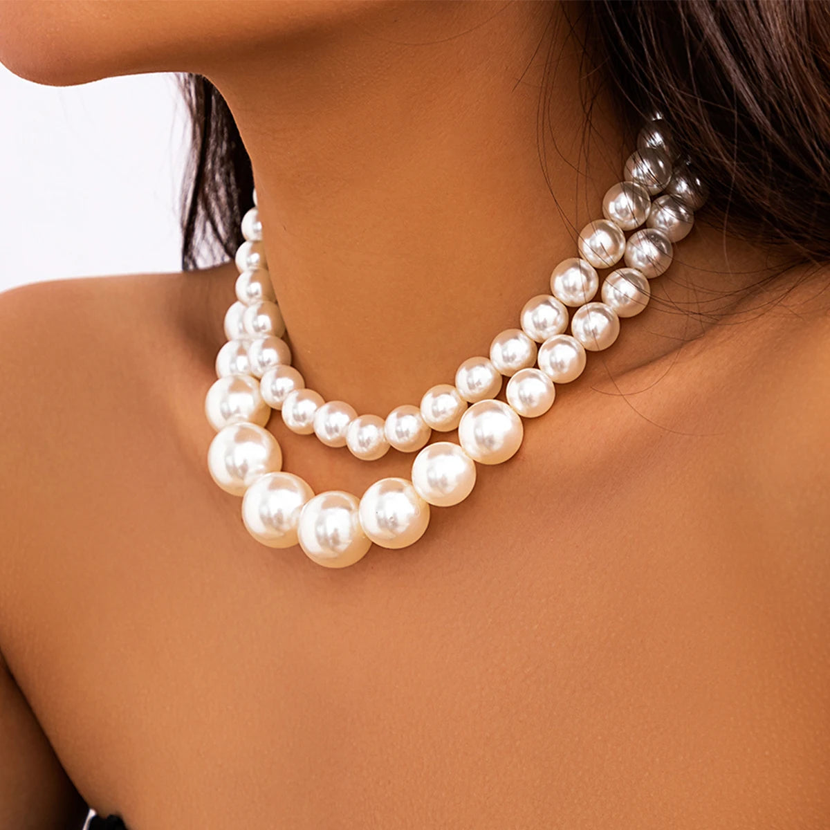 2Pcs/Set Luxury Big Imitation Pearl Multilayer Choker Necklace for Women