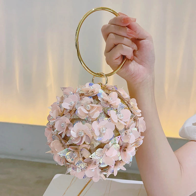 Mini Sequin Flower Evening Bag – Elegant Round Clutch Purse for Weddings, Parties, and Proms