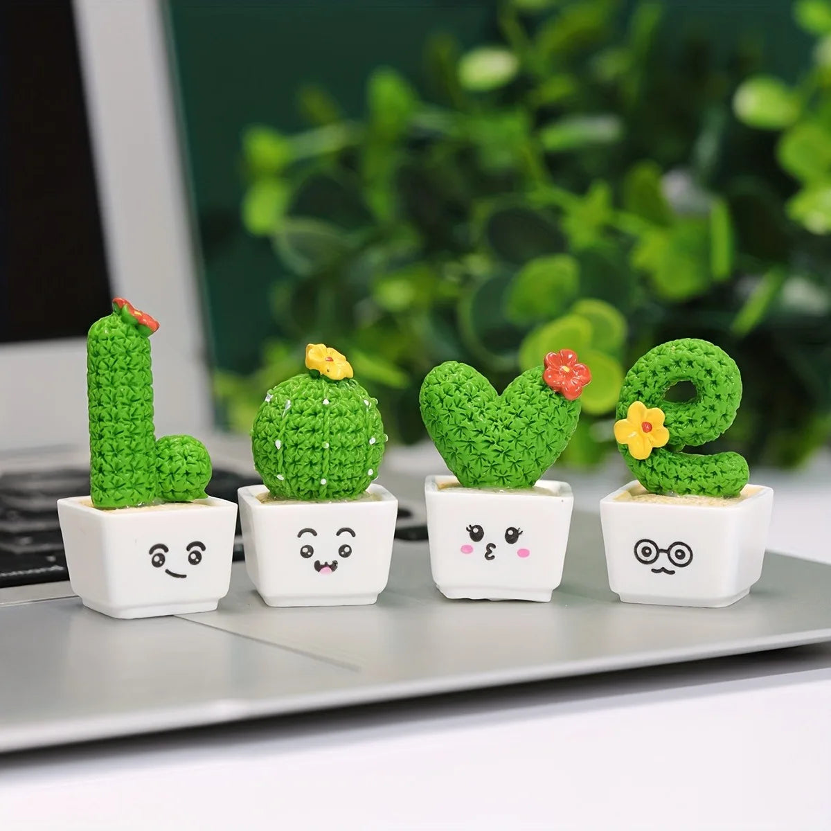 Charming 4-Piece Love & Cactus Resin Figurine Set – Perfect Tabletop Decor for Living Rooms, Bedrooms, and Cafes