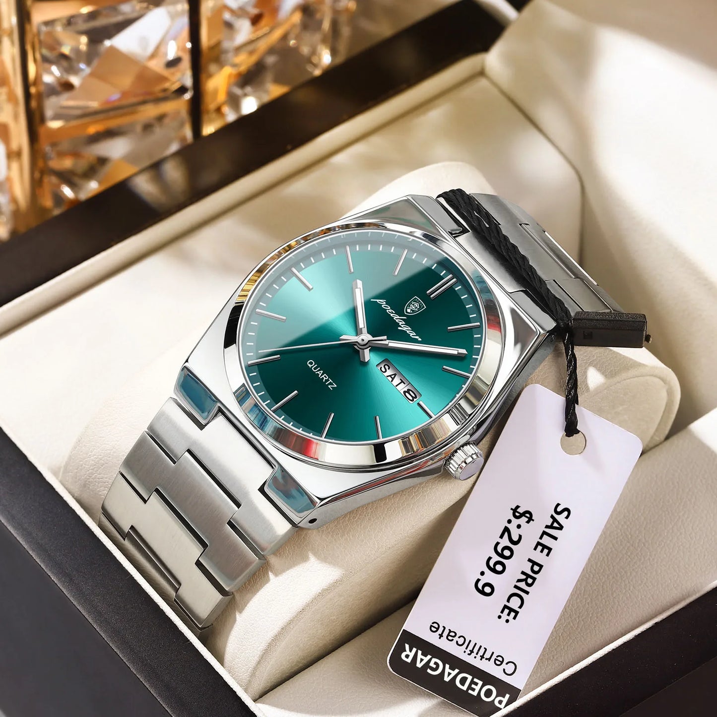 POEDAGAR Luxury Quartz Wristwatch for Men – Waterproof Stainless Steel Sport Watch with Luminous Hands, Date & Week Display, Gift Box Included