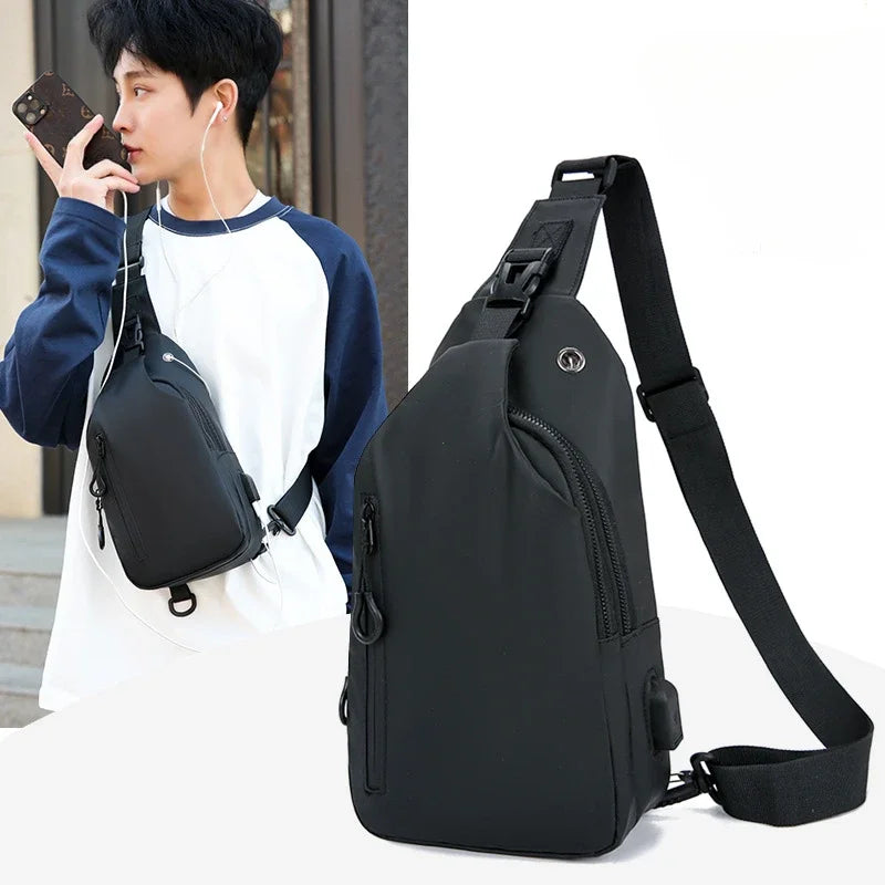 UrbanEdge Nylon Crossbody Bag – Stylish Men's Chest Bag with USB Charging, Solid Color, Versatile for Outdoor and Casual Us
