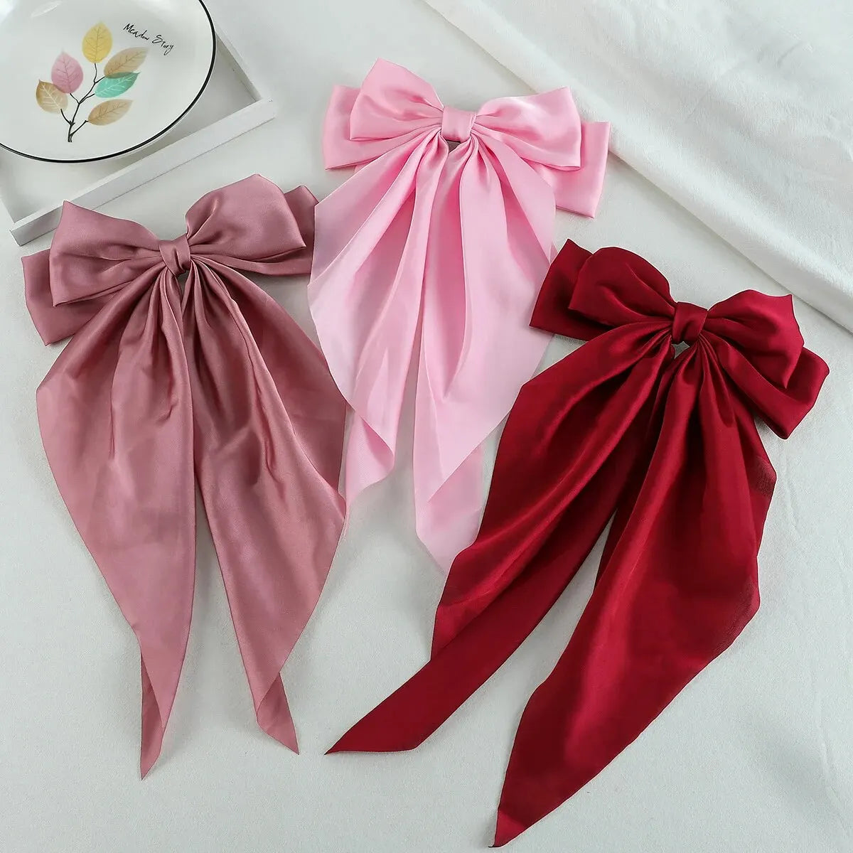 3Pcs Large Satin Ribbon Bow Hair Clips – Elegant Solid Color Hair Accessories for Women
