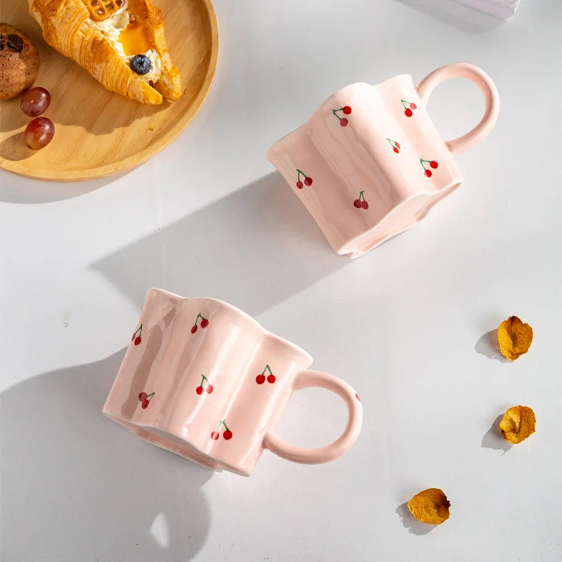 Flower Shape Ceramic Mug with Cartoon Cherry Print, Cute Milk Coffee Cup, Birthday Gift for Girls, Decorative Mug