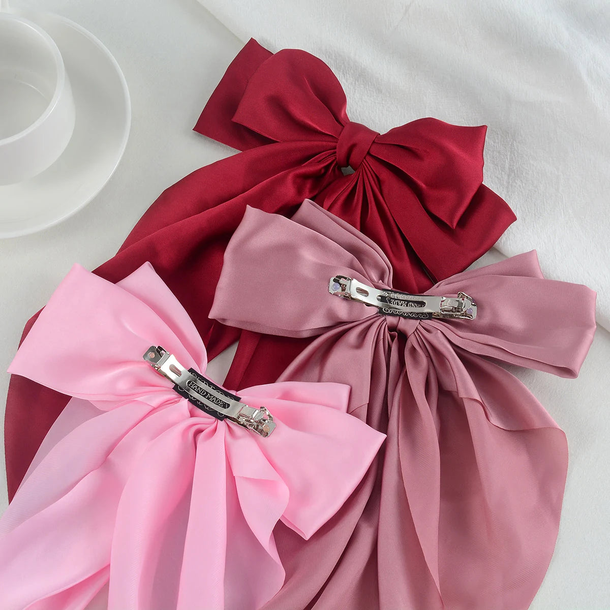 3Pcs Large Satin Ribbon Bow Hair Clips – Elegant Solid Color Hair Accessories for Women