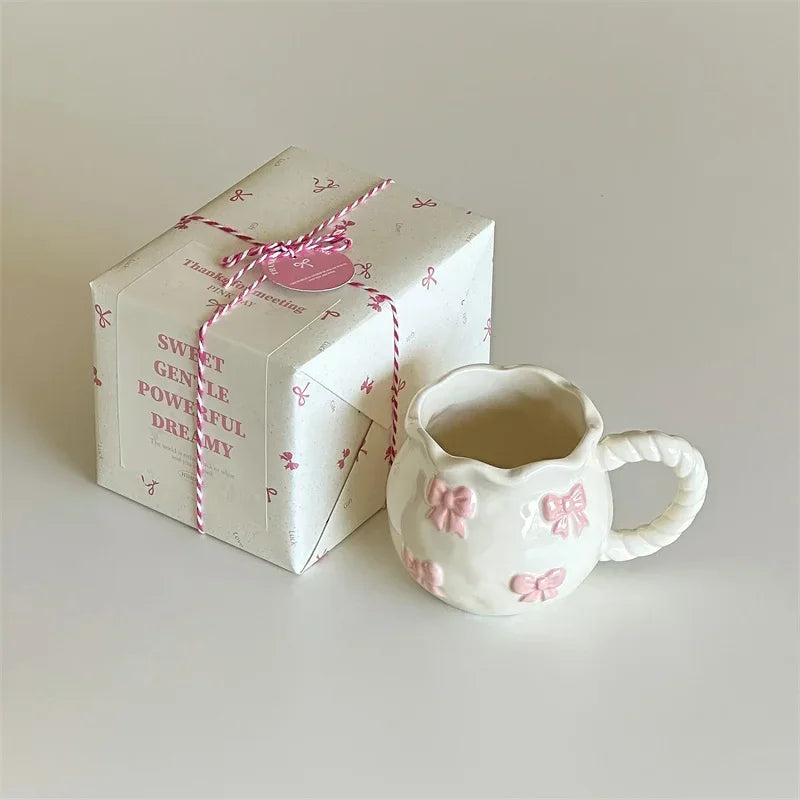 Handmade Pink Bow Ceramic Mug – 350ml Irregular Artistic Coffee Cup, Cute Gift Water Cup for Women