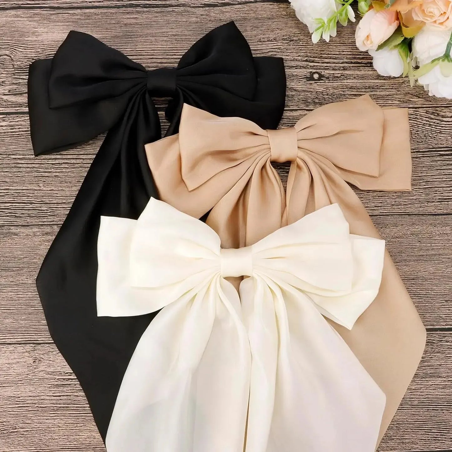3Pcs Large Satin Ribbon Bow Hair Clips – Elegant Solid Color Hair Accessories for Women