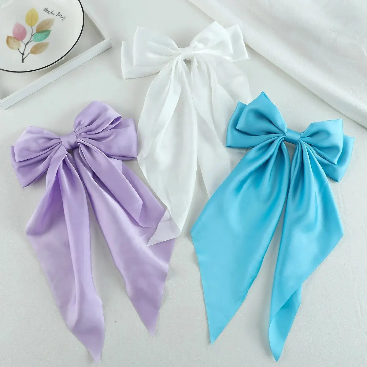 3Pcs Large Satin Ribbon Bow Hair Clips – Elegant Solid Color Hair Accessories for Women