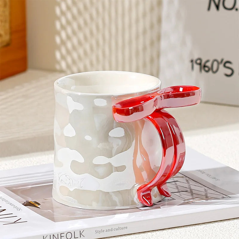 Kawaii Pearl Glazed Ceramic Mug with Bow Handle, 350ml Coffee Milk Tea Cup, Valentine's Day Gift, Gift Box Packaging