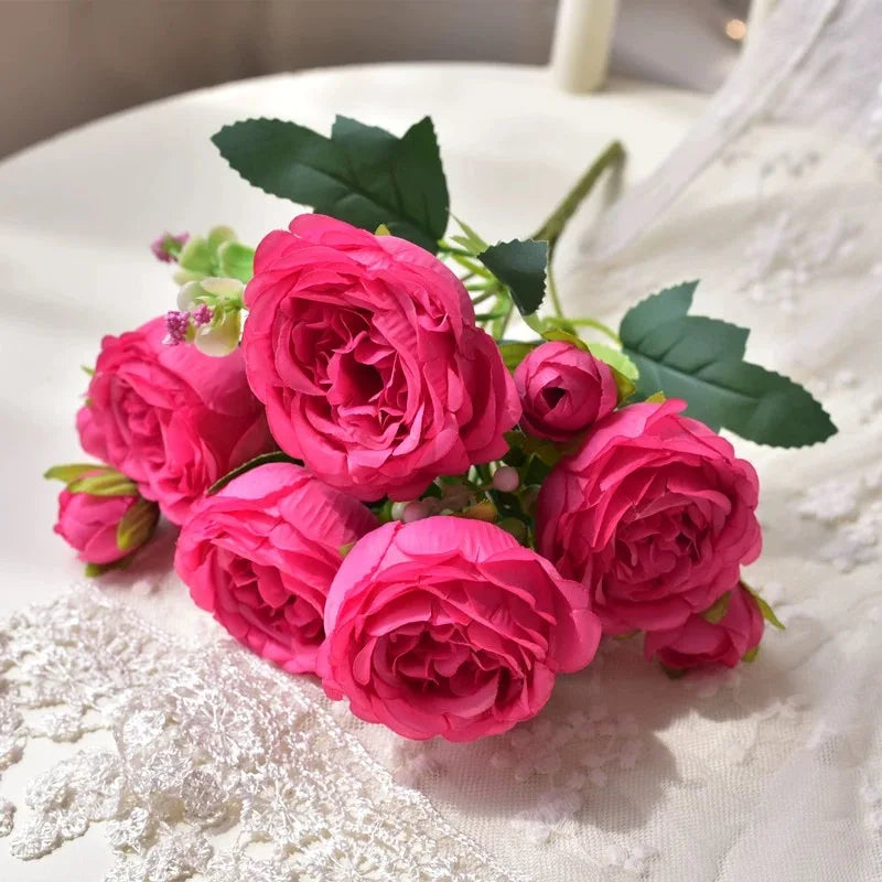 30cm Rose Pink Peony Silk Bouquet – Artificial Flower with 5 Big Heads & 4 Small Buds for Weddings and Home Decor