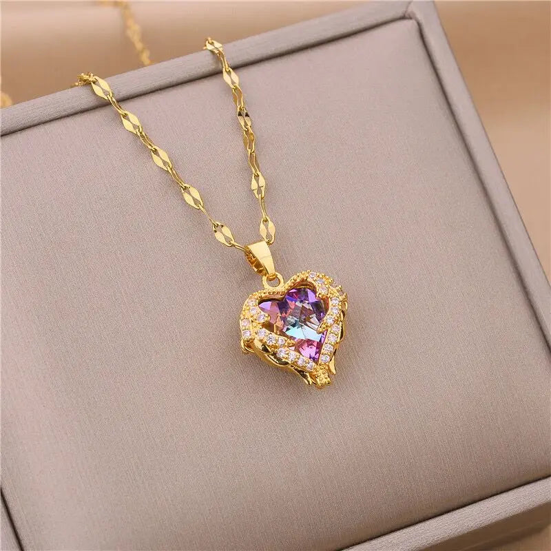 Luxury Colorful Crystal Ocean Heart Pendant Necklace – Trendy 316L Stainless Steel Jewelry for Women