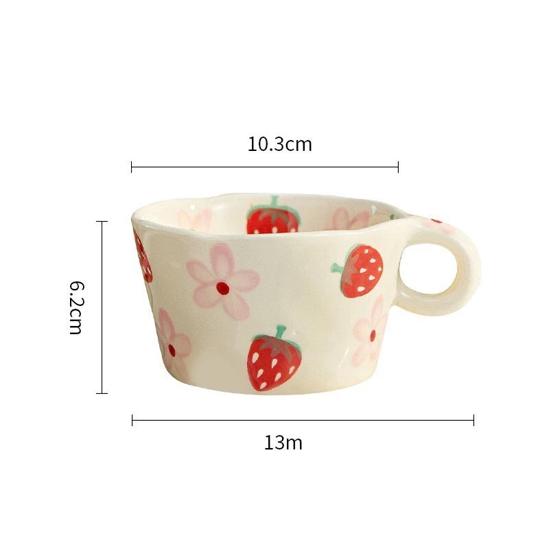 Cute Hand-Painted Ceramic Mugs – Strawberry, Flower, and Fruit Designs – 300ml Espresso & Coffee Cups for Kids and Girls