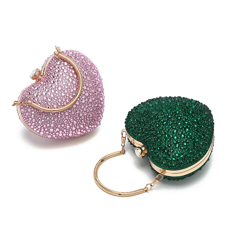 Luxury Heart-Shaped Crystal Clutch Purse – Rhinestone Evening Wedding Party Mini Handbag with Chain Handle