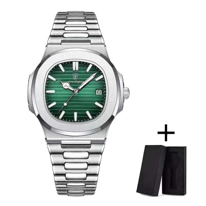 POEDAGAR Luxury Men's Square Quartz Watch – Stainless Steel, Waterproof, Luminous Hands, Date Display, Fashion & Casual 2024