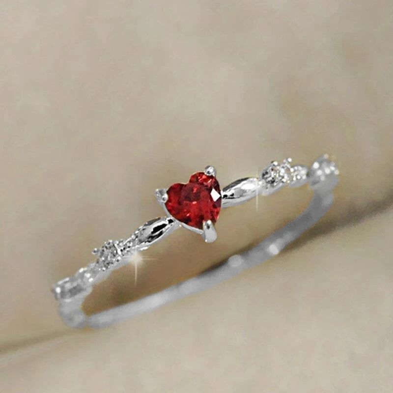 Huitan Exquisite Red Love CZ Engagement Proposal Ring – Thin Band Aesthetic Jewelry for Women