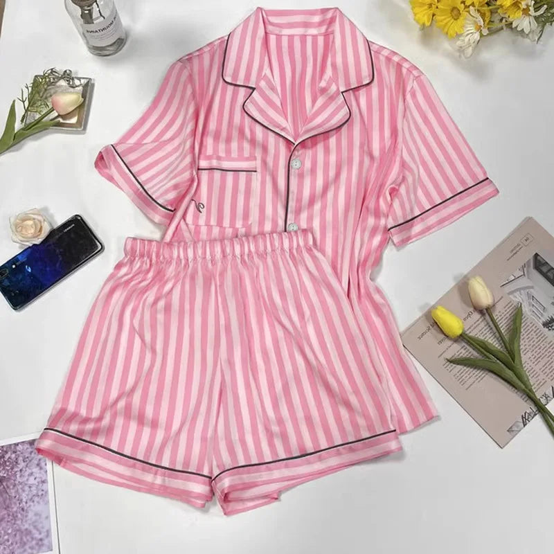 Women's Striped Satin Pajama Set – Short Sleeve Faux Silk Sleepwear with Shorts