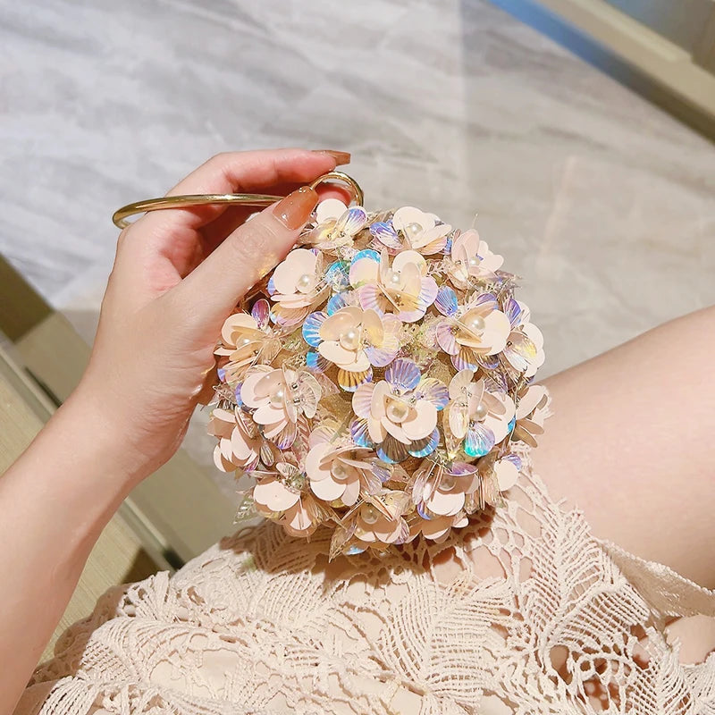 Mini Sequin Flower Evening Bag – Elegant Round Clutch Purse for Weddings, Parties, and Proms