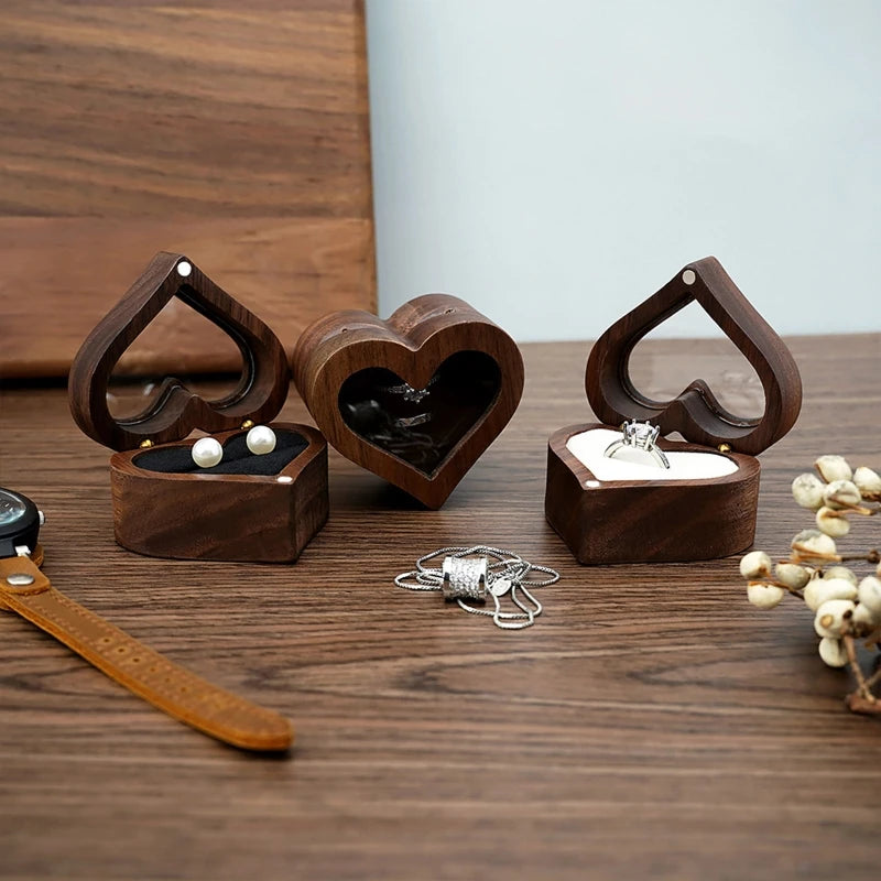 Heart-Shaped Transparent Walnut Ring Box