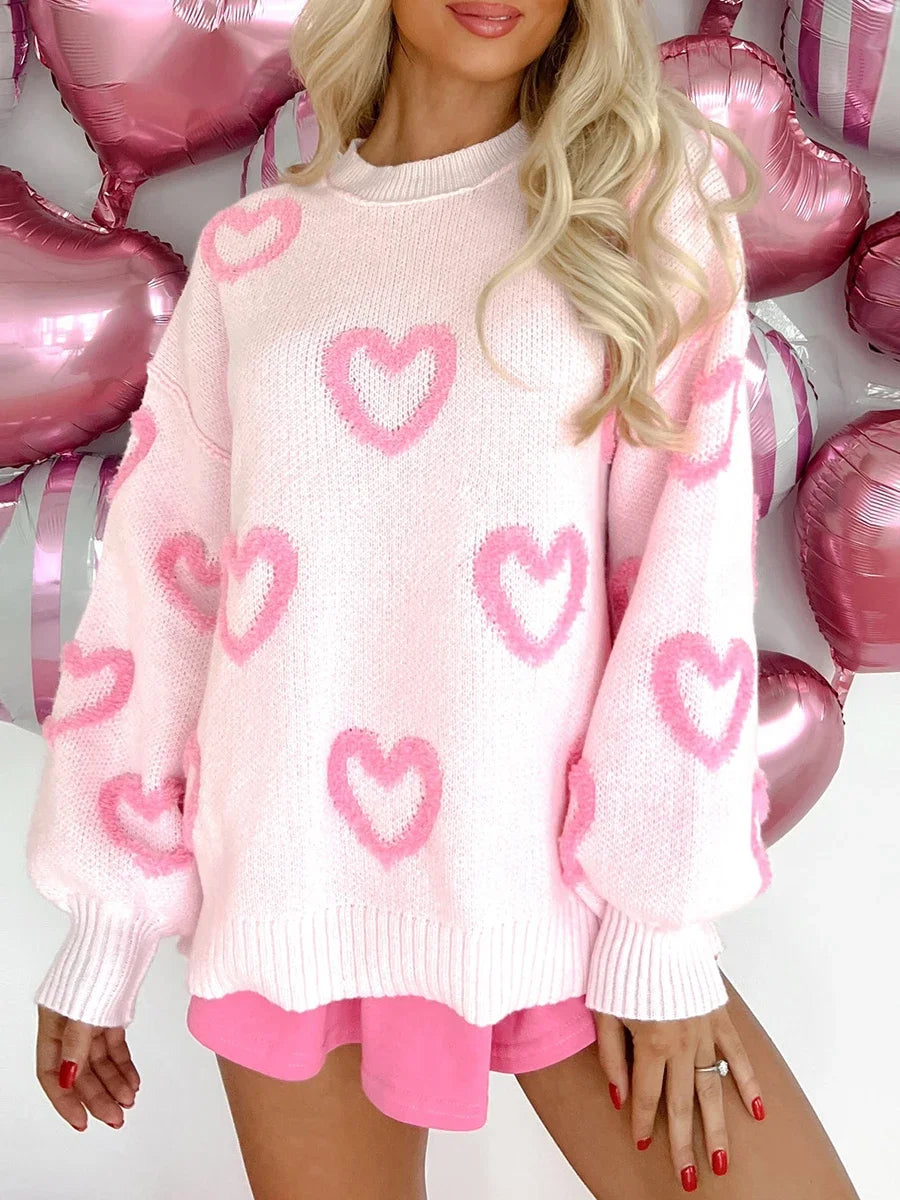 Women’s Pink Heart Print Oversized Sweatshirt – Romantic Valentine’s Day Sweater