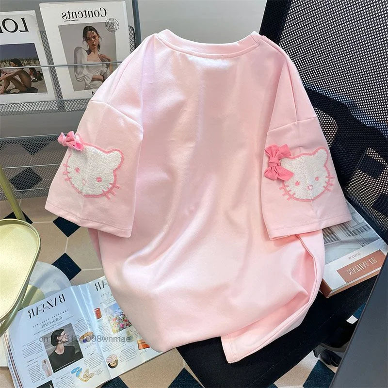 Tiktok Pink Hello Kitty T-Shirt – Loose Summer Sweet Girl Cartoon Top