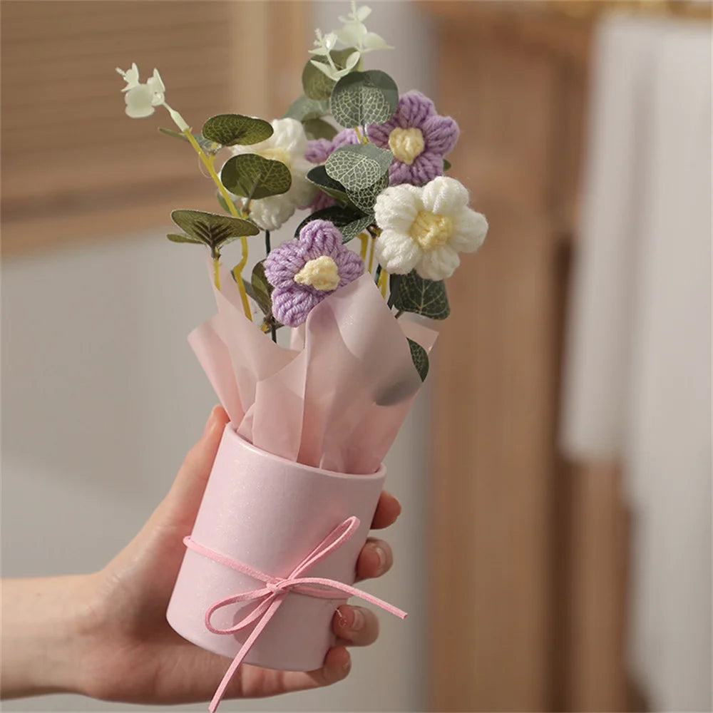 5PCS Knitted Flowers Puff Bucket Bouquet – Woolen Handcrafted Flowers for Valentine’s Day, Weddings, and Gifts