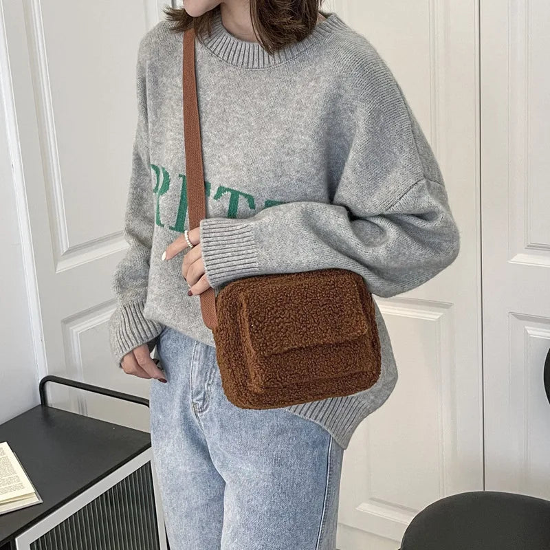 Plush Fabric Shoulder Crossbody Bag – Small Fashion Lamb Wool Fluffy Winter Handbag