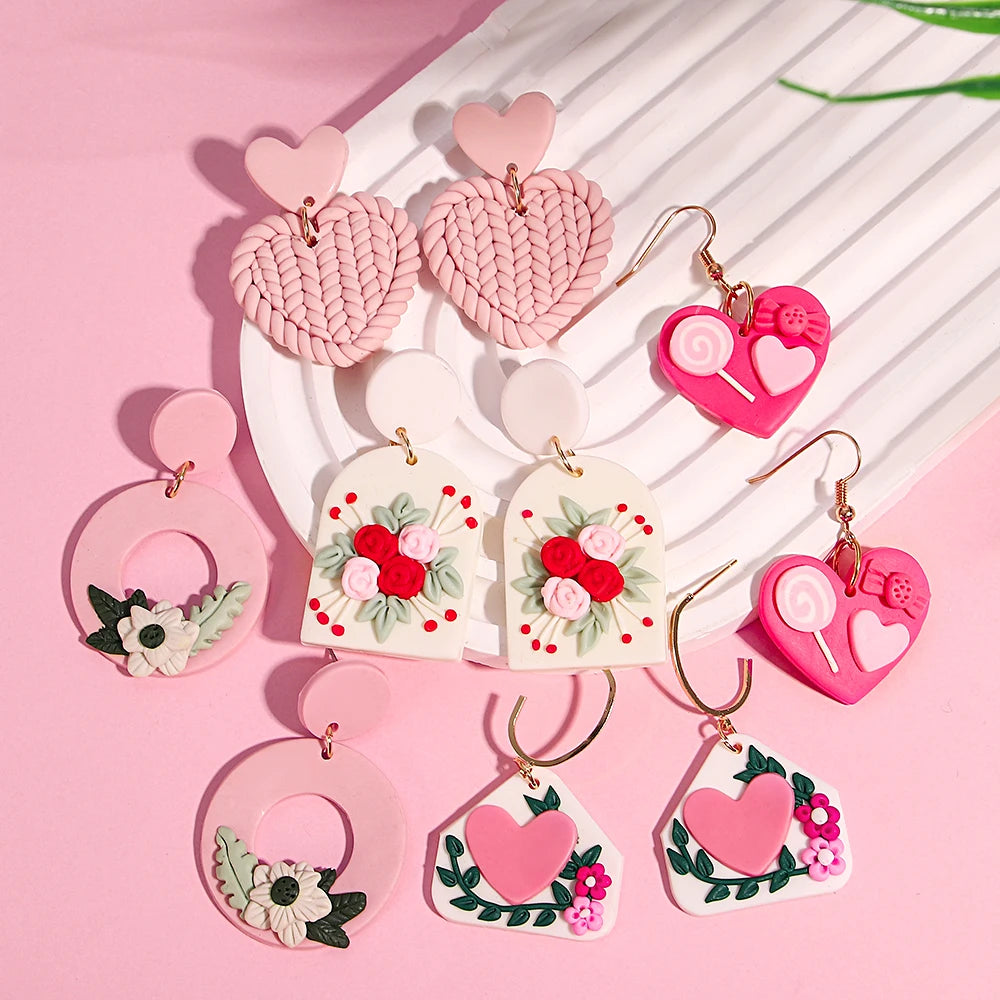 Polymer Clay Heart Earrings for Women – Handmade Valentine's Day Gift, Flower & Heart Drop Earrings