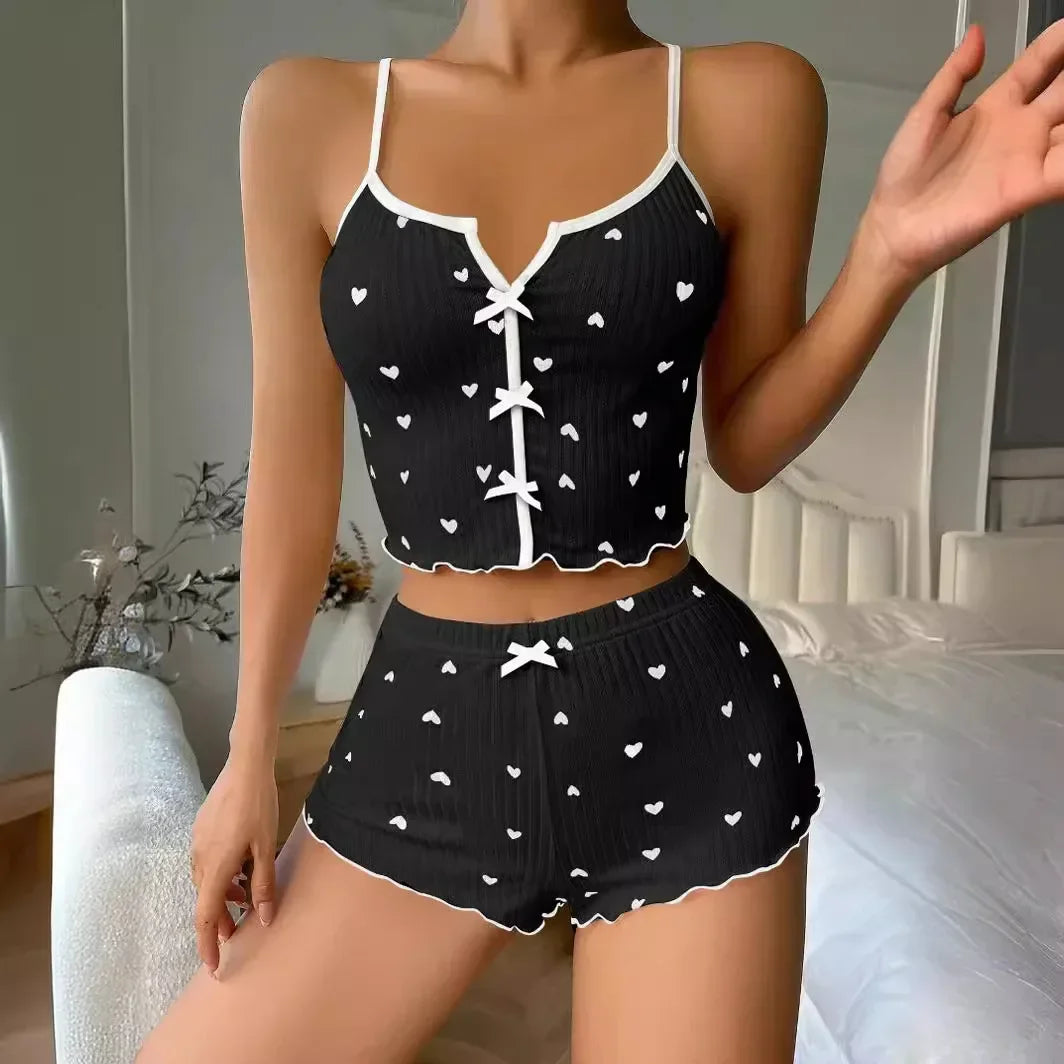 Heart Print Sleepwear Pajama Set – Flirty Ribbed Cami Top & Shorts