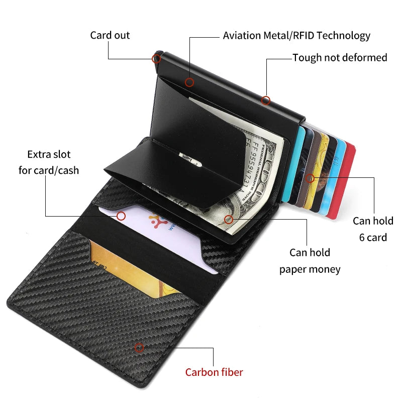 Premium Carbon Fiber RFID Credit Card Holder Wallet – Slim Minimalist Pop-Up Design for Men, Metal RFID Protection, Stylish Black Wallet