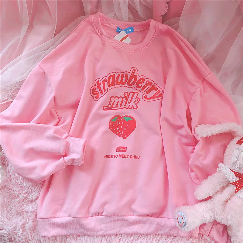 Kawaii Strawberry Pink Sweatshirt – Fleece Women’s Hoodie