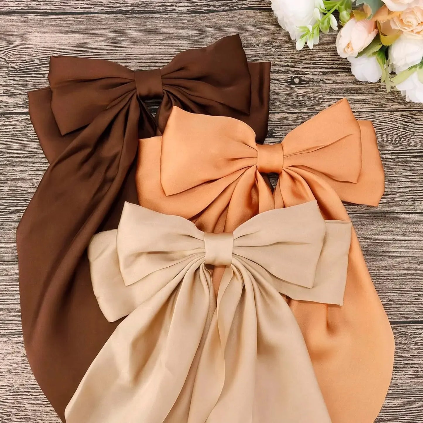 3Pcs Large Satin Ribbon Bow Hair Clips – Elegant Solid Color Hair Accessories for Women
