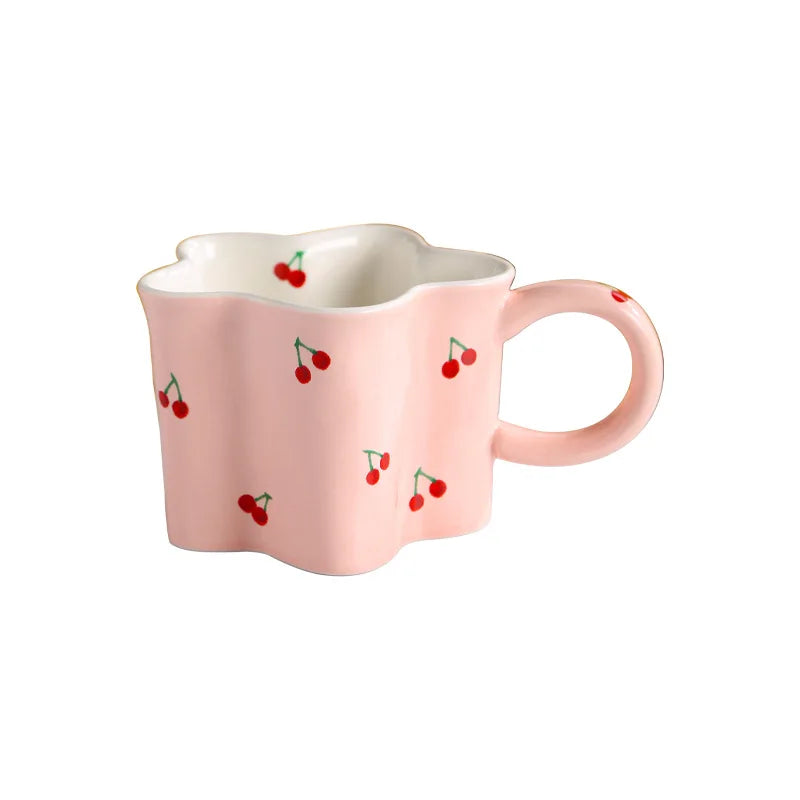 Flower Shape Ceramic Mug with Cartoon Cherry Print, Cute Milk Coffee Cup, Birthday Gift for Girls, Decorative Mug