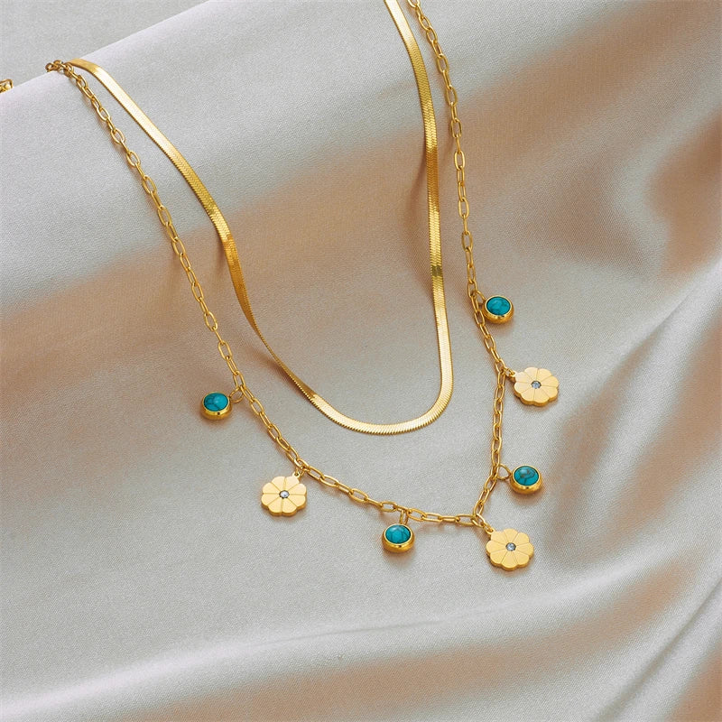DIEYURO 316L Stainless Steel 2-Layer Necklace – Green Stone Flower Pendant for Women’s Fashion Jewelry