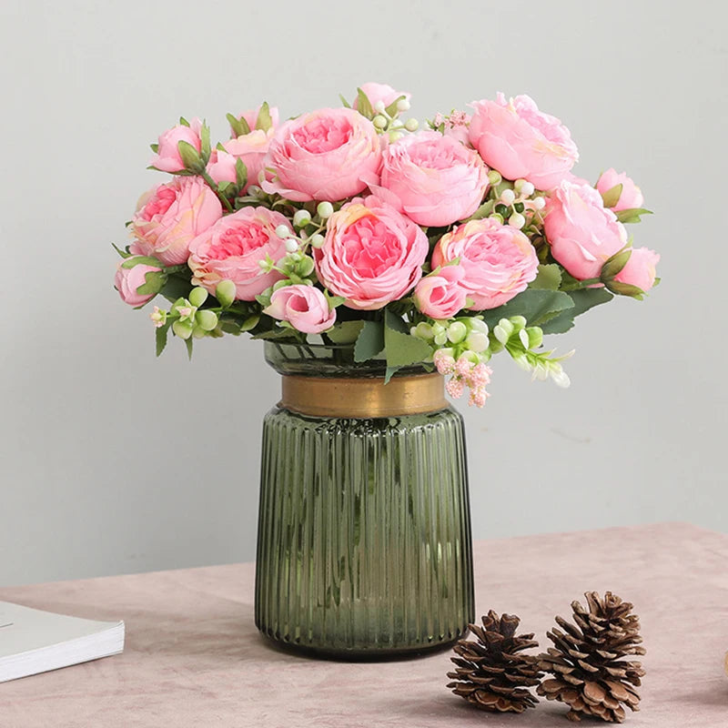 30cm Rose Pink Peony Silk Bouquet – Artificial Flower with 5 Big Heads & 4 Small Buds for Weddings and Home Decor