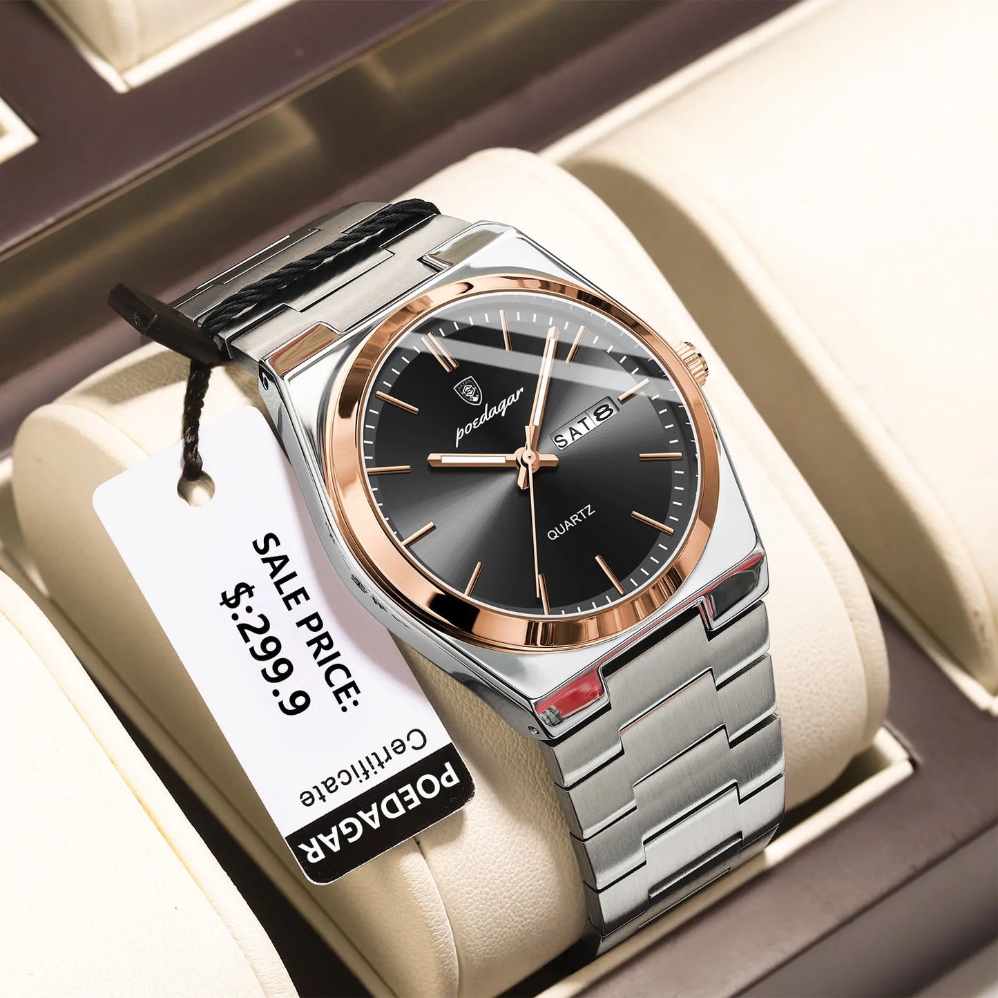 POEDAGAR Luxury Quartz Wristwatch for Men – Waterproof Stainless Steel Sport Watch with Luminous Hands, Date & Week Display, Gift Box Included