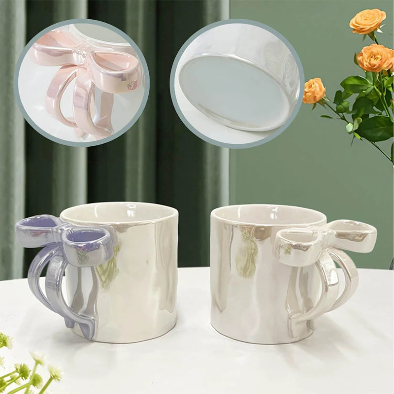 Kawaii Pearl Glazed Ceramic Mug with Bow Handle, 350ml Coffee Milk Tea Cup, Valentine's Day Gift, Gift Box Packaging