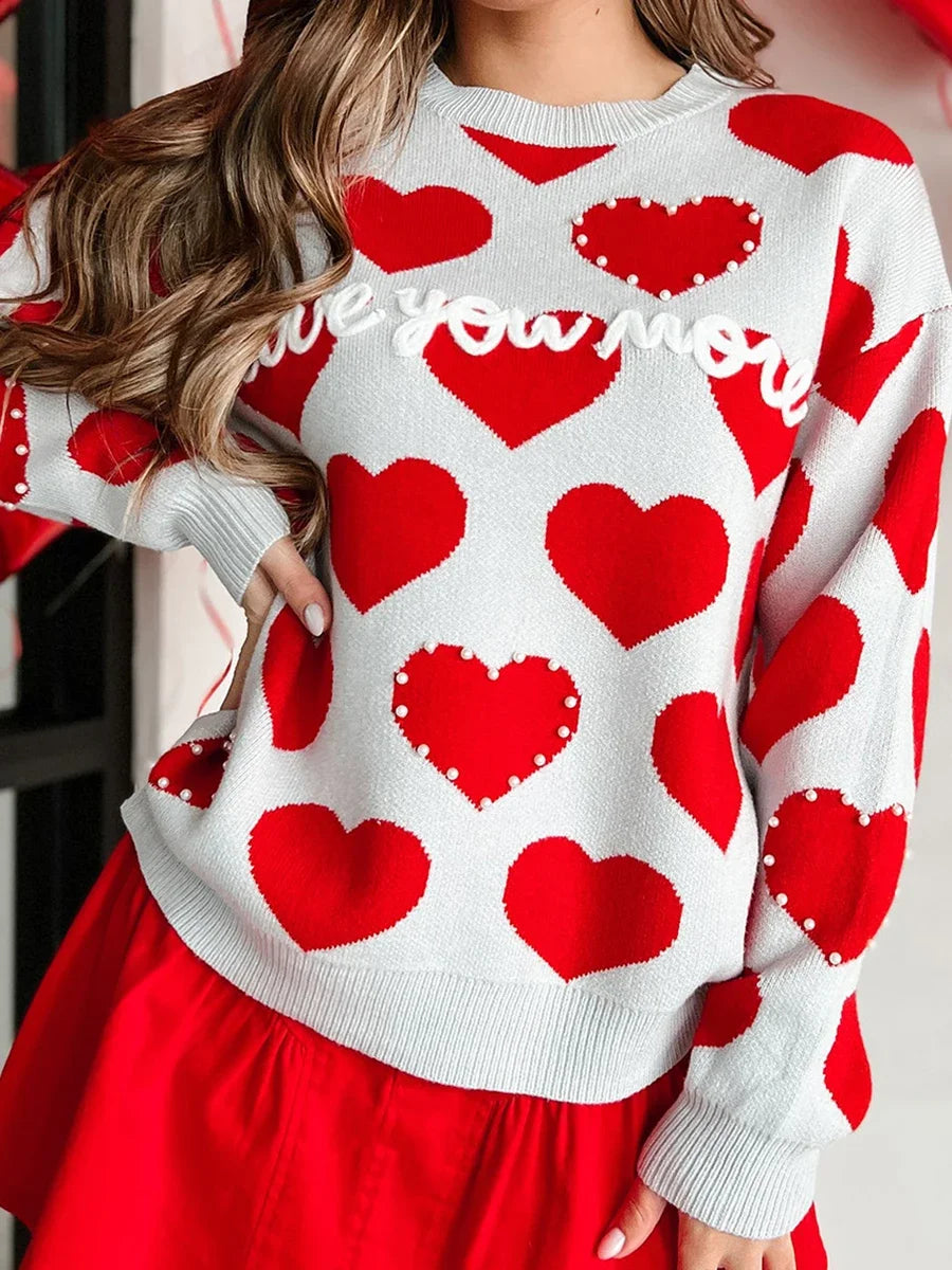 Women’s Pink Heart Print Oversized Sweatshirt – Romantic Valentine’s Day Sweater